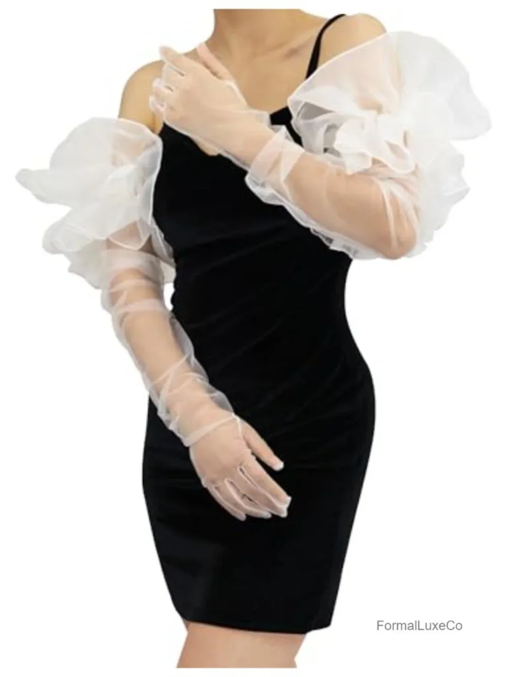 Sheer Tulle Mesh Ruffle Opera Gloves Long Oversize Vintage